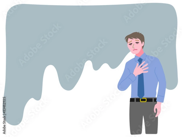 Obraz ネガティブな気持ちで落ち込んでいる若いビジネスマンの男性と重くのしかかる感情を表した背景のベクターイラストレーション