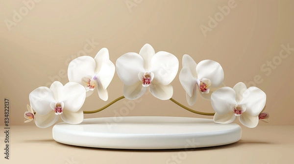 Fototapeta Front view of white podium with and flower in beige background for advertising , abstract content. Pedestal for cosmetic product and packaging mockups display presentation. empty stage. 