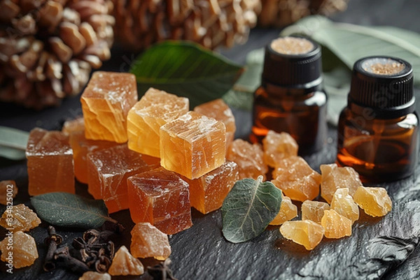 Fototapeta Close-up of amber resin, musk, and patchouli leaves used in perfumery, laid out on a textured surface