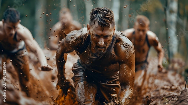 Fototapeta Captivating job advertisement for an obstacle event company, featuring a realistic photograph of beautiful trail terrain with mud, athletes immersed in the event, displaying teamwork and perseverance