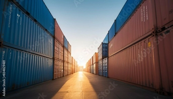 Obraz sunlight coming through cargo containers in a commercial harbour
