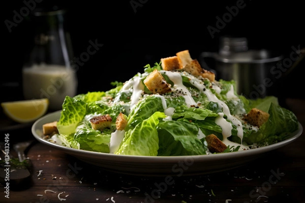 Fototapeta caesar salad, classic salad, crisp romaine, caesar dressing. generative ai