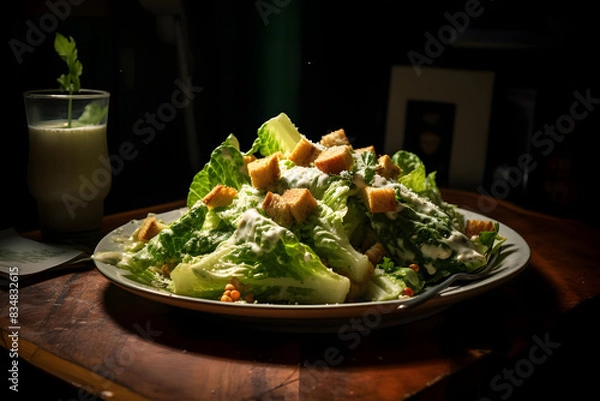 Fototapeta caesar salad, classic salad, crisp romaine, caesar dressing. generative ai