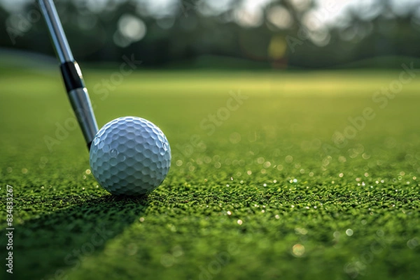 Fototapeta Golf ball with a stick in green grass on a blurred background. Generated by artificial intelligence