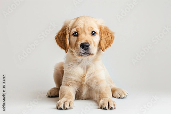 Fototapeta A Golden Retriever puppy lies joyfully on the floor, looking directly at the camera in this full-body image.