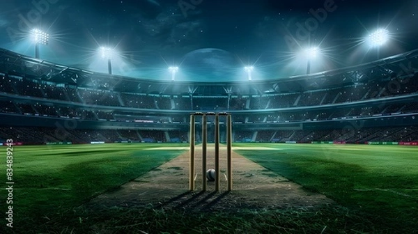 Obraz Modern sport stadium at night and cricket field with wicket ready for the match. Professional sports background for advertisement.