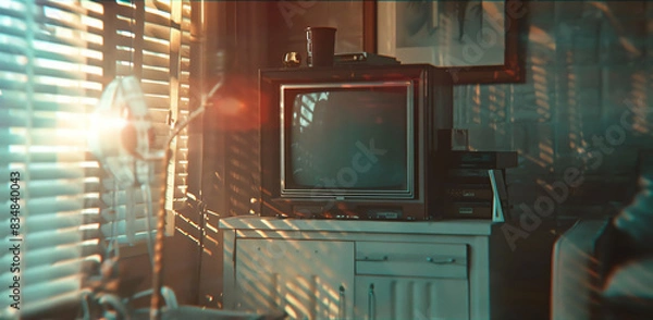 Fototapeta A retro VHS effect featuring distorted footage with visible tracking errors The grainy visuals and muted hues reflect the nostalgic charm of oldschool technology, emphasizing a vintage appeal