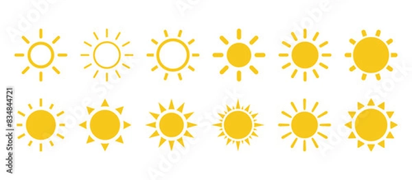 Obraz 黄色のシンプルな太陽、暑い夏の天気のマーク、太陽光による熱中症、ベクターアイコンイラスト素材