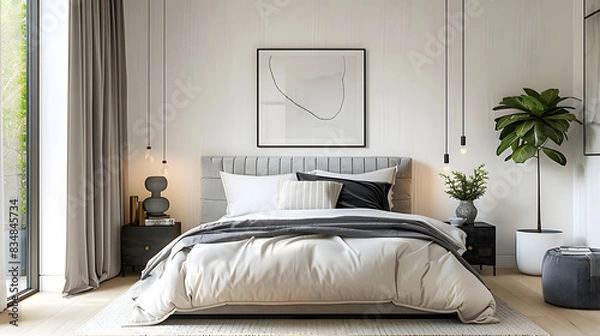 Fototapeta Scandinavian interior design of modern bedroom.
