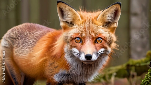Fototapeta red fox portrait with bushy tail and curious eyes in the forest