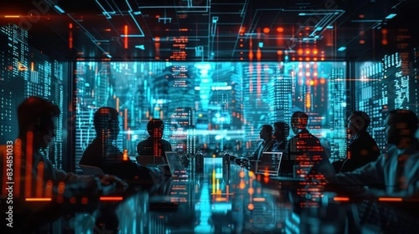 Fototapeta Futuristic technology concept. Team of artificial intelligence software engineers