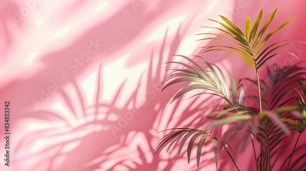 Fototapeta Blurred shadow from palm leaves on the light pink wall. Minimal abstract background for product presentation. Spring and summer. Peach Fuzz Color of the year 2024.