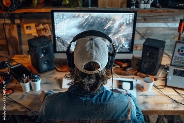 Fototapeta A graphic designer meticulously crafts a blank mockup, showcasing professionalism in every pixel.