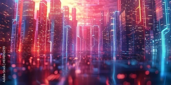 Fototapeta Vibrant Urban Neon Cityscape: k Loop Animation with Urban Music Background. Concept Neon Cityscape, Urban Music, Loop Animation, Vibrant Colors, Urban Environment