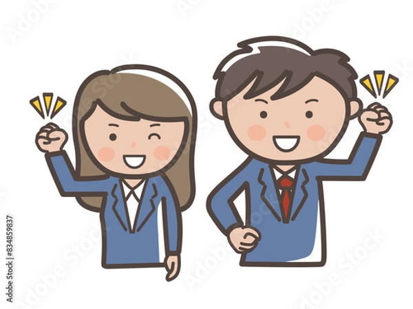 Fototapeta ガッツポーズでやる気満々の男女ビジネスマンの上半身イラスト_紺スーツ