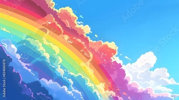 Fototapeta An illustration of a vibrant rainbow spanning across the sky, with clouds in the colors of the LGBTQ+ pride flag. The background features a clear blue sky. Settings: Bright, vibrant colors, detailed