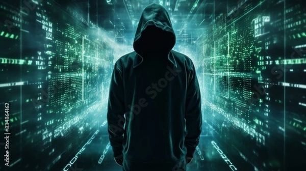 Obraz Explore the world of cybercrime with a striking image of an anonymous hacker silhouette against a highquality background.