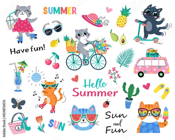 Fototapeta Hello Summer Cat collection. Vector illustration of colorful funny doodle summer symbols, such as flamingo, ice cream, palm tree, cactus. isolated on white background
