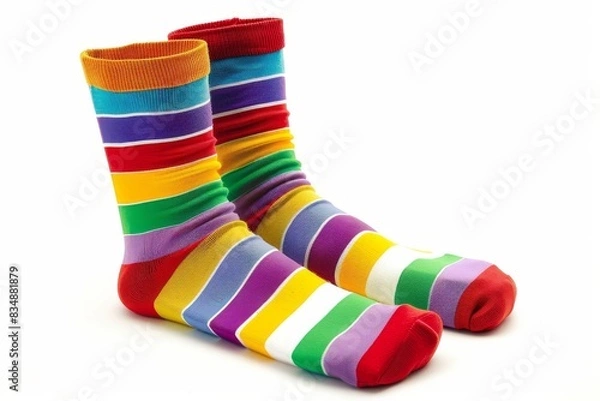 Fototapeta Colorful striped socks in vibrant rainbow colors, perfect for adding a pop of color to any outfit, displayed on a white background.