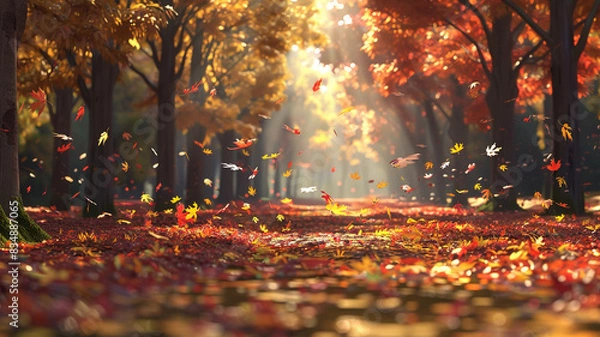 Obraz landscape autumn fall lake sunset maple tree, foliage, wooden table wallpaper background