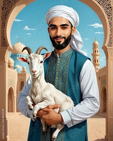 Fototapeta Arab man holding his goat with a mosque in the background