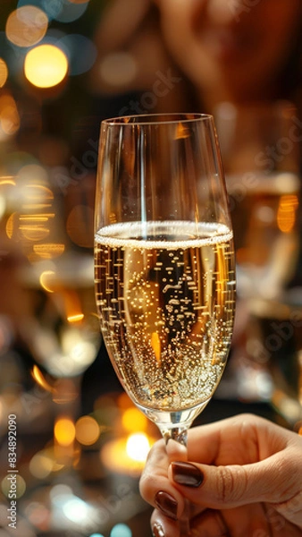 Fototapeta Close-up of a hand holding a champagne glass at a festive celebration, reflecting elegance and joy. POV Point of View shooting trend.
