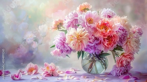 Fototapeta A floral still life of a vase of peonies in full bloom, with petals scattered on the table and a soft, pastel background enhancing the delicate beauty 