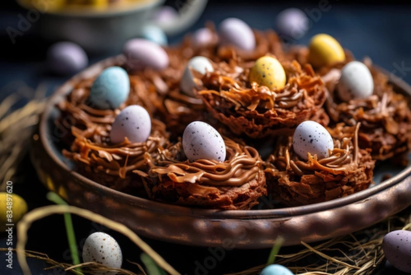 Fototapeta easter egg nests, edible nests made with chocolate and eggs, a delightful treat. generative ai