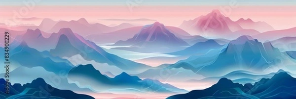 Fototapeta The image is a beautiful landscape painting of blue and purple mountains in the distance with a pink sky and white clouds.