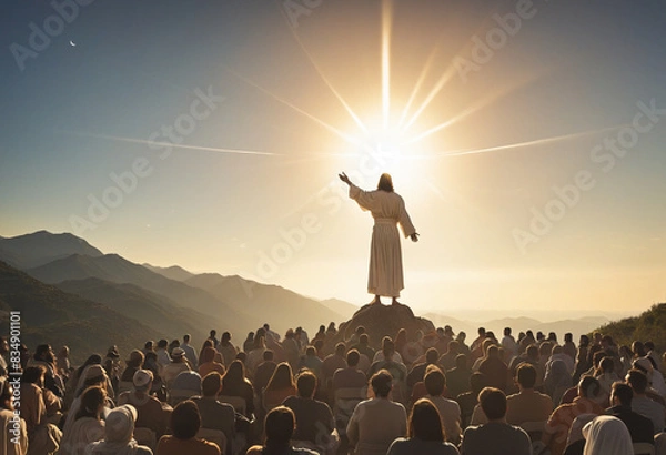 Fototapeta Jesus Christ delivering a powerful message to a large gathering on a mountaintop at sunrise