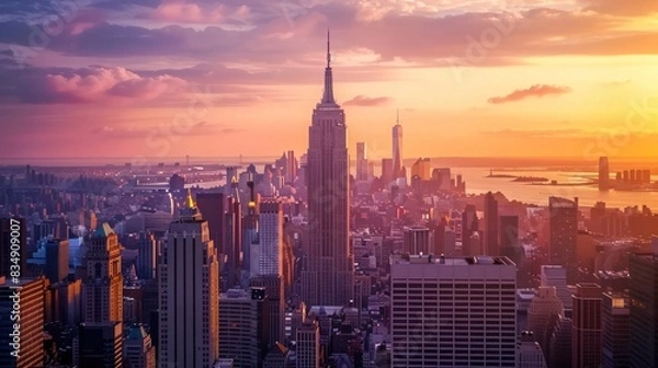 Fototapeta Breathtaking Sunrise Over Iconic City Skyline with Famous Skyscraper