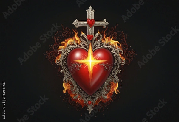 Fototapeta Divine Passion: An Illustration of the Sacred Heart in Flames and Crosses on a Mystical Background