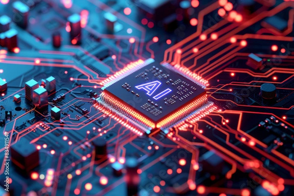 Fototapeta AI computer chip motherboard illustration. Artificial intelligence microchip.