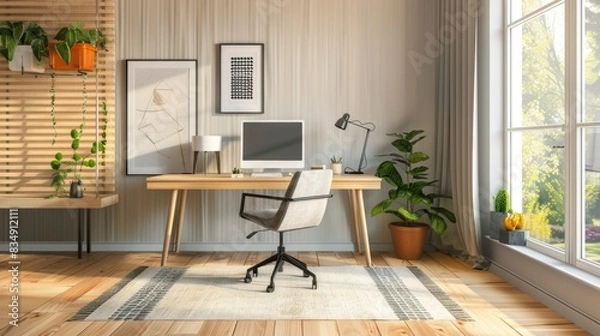 Fototapeta A minimalist-style home office with a minimalist desk, ergonomic chair, and plenty of natural light, creating an inspiring and clutter-free workspace.