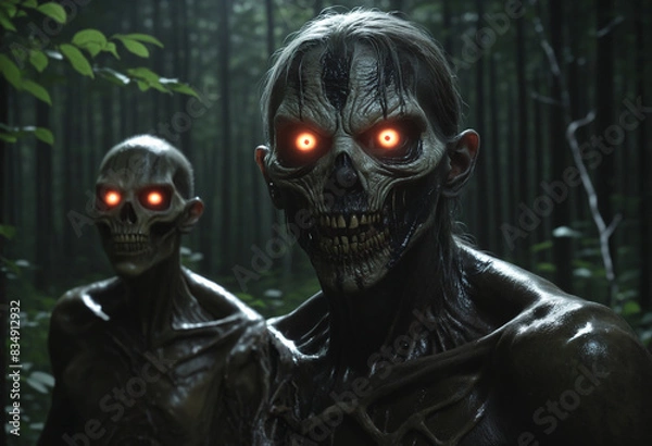 Fototapeta Frightening Undead Creatures With Glowing Eyes Lurking in the Haunted Forest
