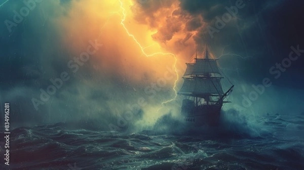 Fototapeta Sailing ship in sea water in rain thunderstorm.