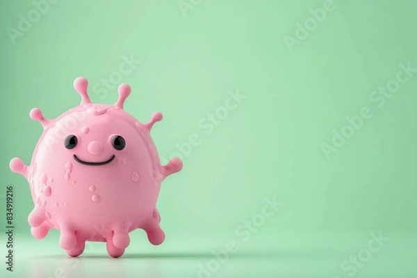 Fototapeta 3d cute and smiling round pink monster or bacterium on a light green color background, copy space for text, minimalism. Concept: viruses, microorganisms, characters, illustration for children