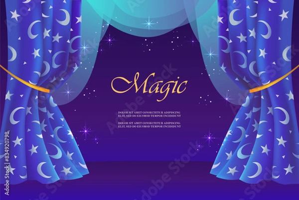 Obraz Magic show. Theater stage. Beautiful night curtains. Moon and stars. Blue dark background. Vector illustration. Horizontal isolated template for landing page, business card, flyer, banner