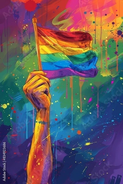 Obraz Vibrant illustration of a hand holding a rainbow flag celebrating pride and diversity with colorful, splashed background art.
