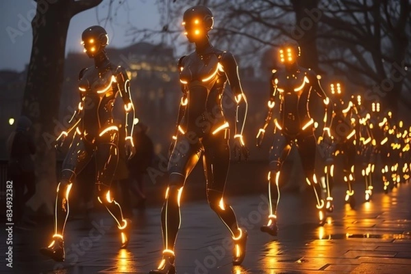 Fototapeta Futuristic robots with glowing lights walk in a city at night.