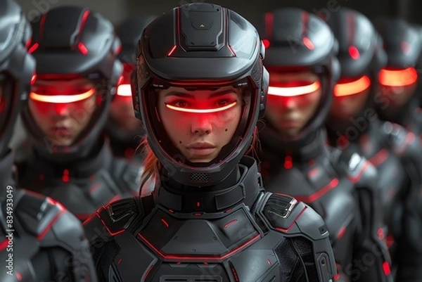 Fototapeta A line of futuristic soldiers in black armor and red visors.