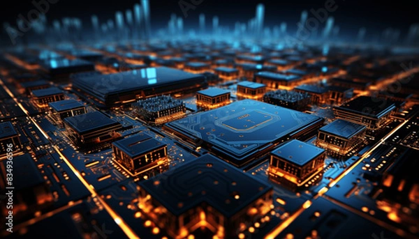 Fototapeta A Detailed Blueprint-Style illustration of a Computer Chip. Instead of Standard Circuit Lines, use Glowing Neural Network Pathways that Weave Between Intricate Microchip Components