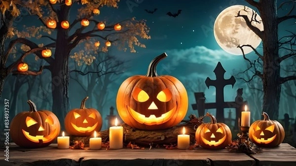 Fototapeta Halloween pumpkin head jack lantern with burning candles, Spooky Forest with a full moon and wooden table, Pumpkins In Graveyard In The Spooky night