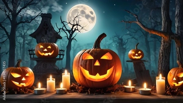 Fototapeta Halloween pumpkin head jack lantern with burning candles, Spooky Forest with a full moon and wooden table, Pumpkins In Graveyard In The Spooky night