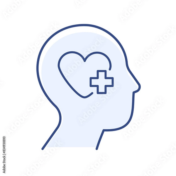 Fototapeta Mental health line icon. Human face icon with medical heart and medical cross isolated on white background. Vector illustration