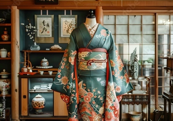 Fototapeta A kimono with a floral pattern displayed in a traditional Japanese room
