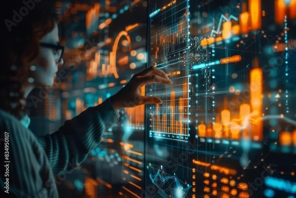 Obraz A data analyst conducting a deep dive into statistical models selective focus, statistical analysis theme, whimsical, fusion, workspace backdrop