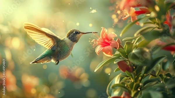 Fototapeta A hummingbird is flying over a flower garden