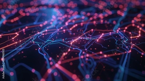 Fototapeta Abstract glowing circuit board with bright neon lights, representing technology, communication, and data transfer.