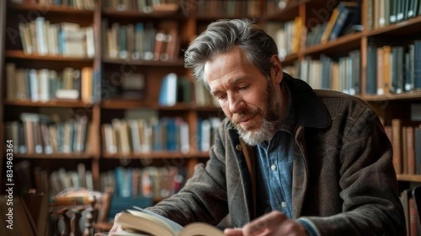Fototapeta A professor discussing a book with a literature class focus on literature, discussion theme, realistic, overlay, library backdrop
